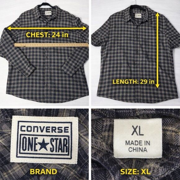 Converse One Star Men’s XL Plaid Flannel Button Up Shirt Gray Long Sleeve. - Picture 6 of 8